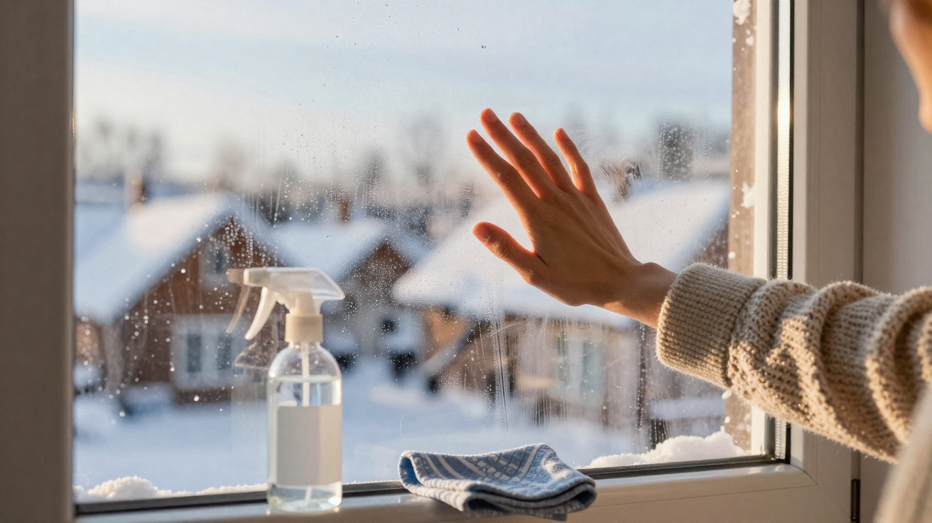 Hand in sweater touching a frosty window with snow-covered houses outside, spray bottle and cloth on the windowsill.