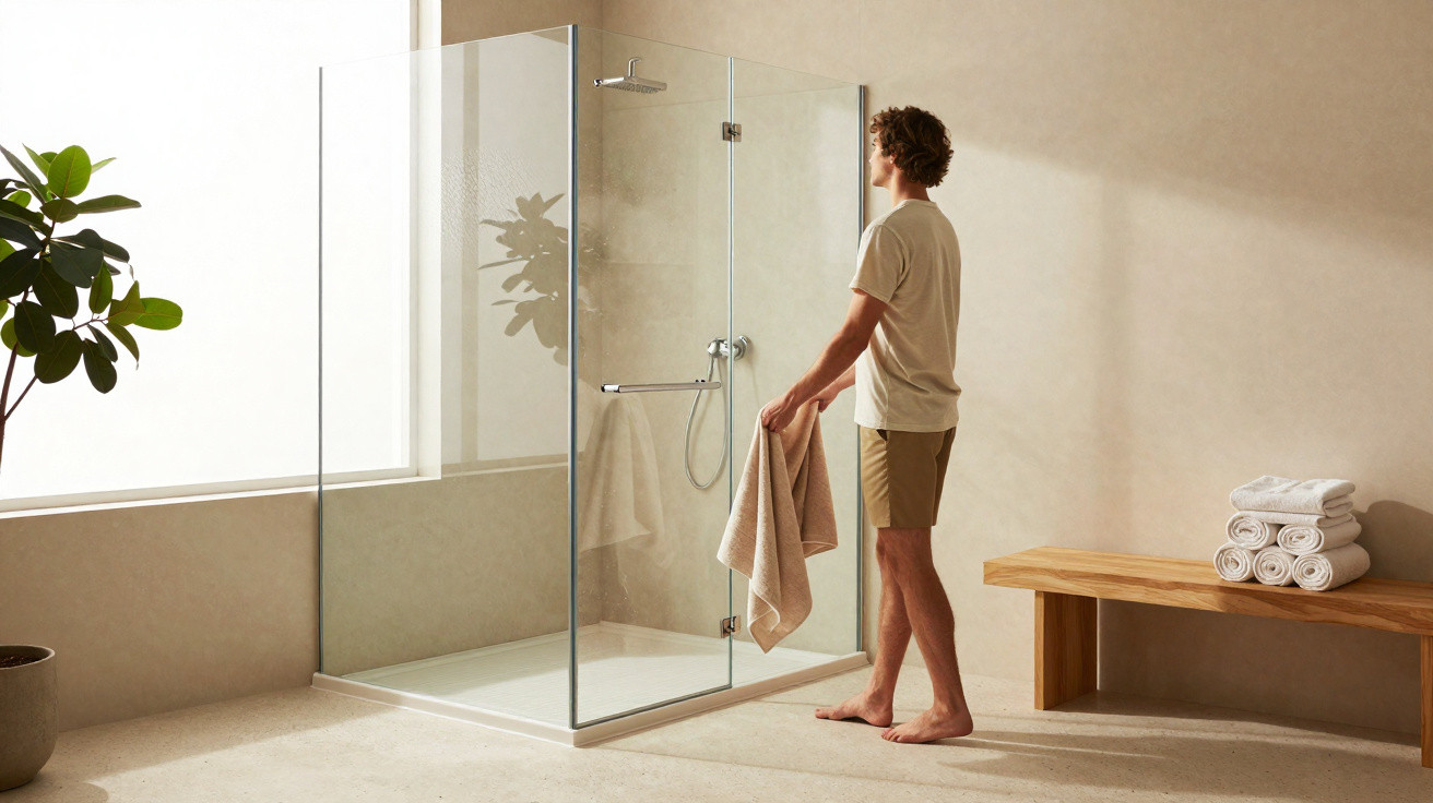 Man in casual clothes holding a towel, standing next to a modern glass shower enclosure in a minimalist bathroom.