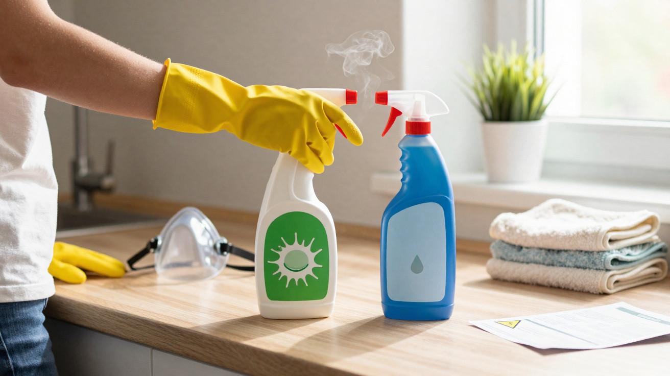 Person wearing yellow gloves spraying disinfectant on a kitchen countertop with cleaning supplies nearby.