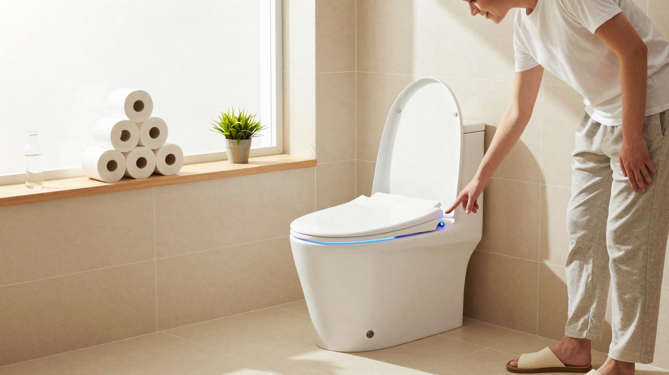 Person pressing button on a modern smart toilet with blue light in a clean, bright bathroom.