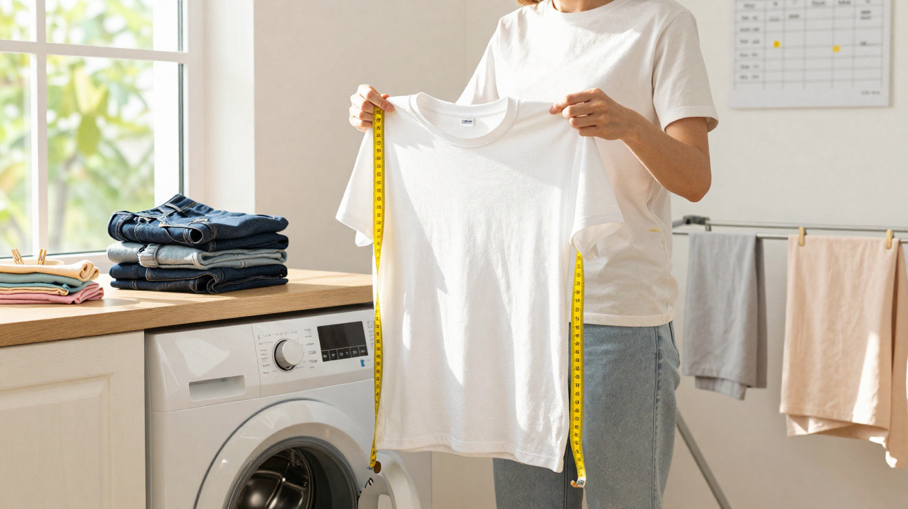 Person measuring the width of a white t-shirt with a yellow measuring tape in a laundry room.