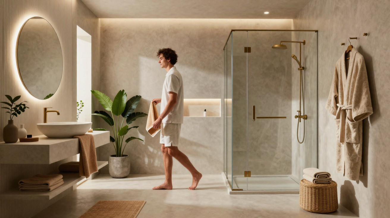 Man holding towel in a modern beige bathroom with glass shower, round mirror, and potted plant.