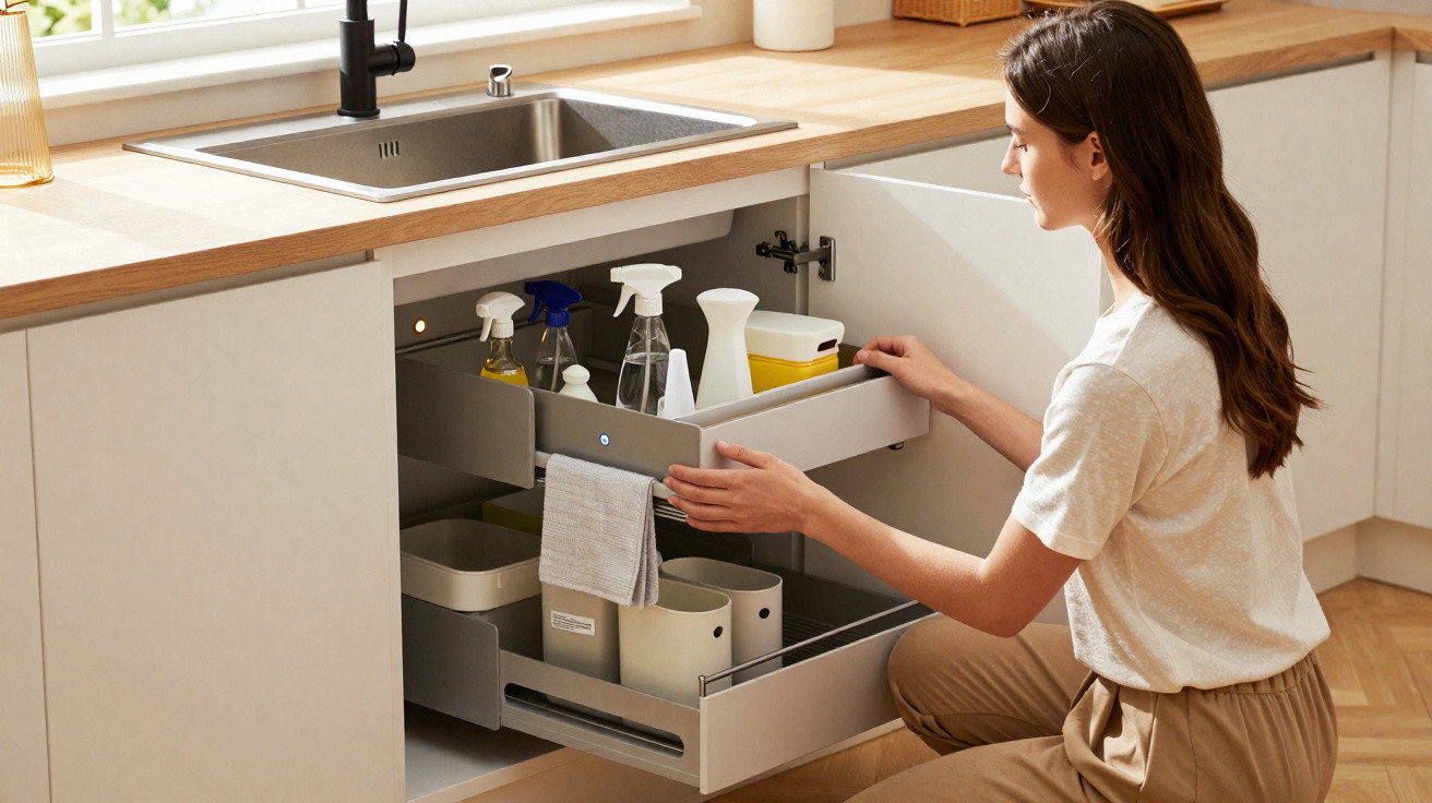 Woman organising cleaning supplies in kitchen cabinet drawer beneath sink in bright modern kitchen.