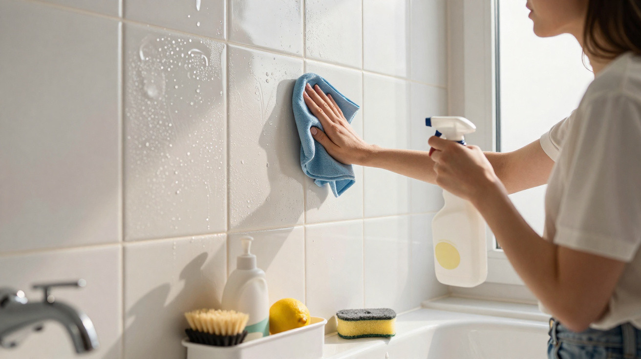 Person cleaning bathroom tiles with a blue cloth and spray bottle near a sink and window.