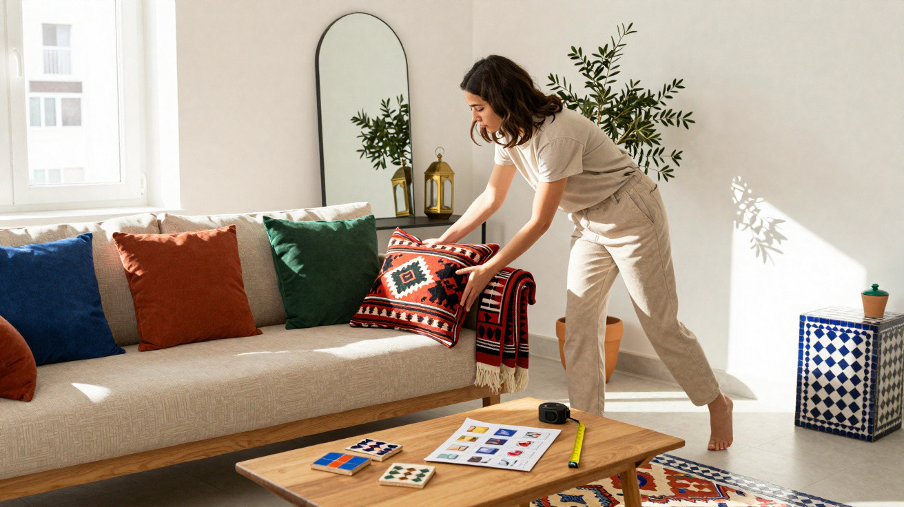 Woman arranging a patterned cushion on a beige sofa with colorful cushions in a bright, modern living room.