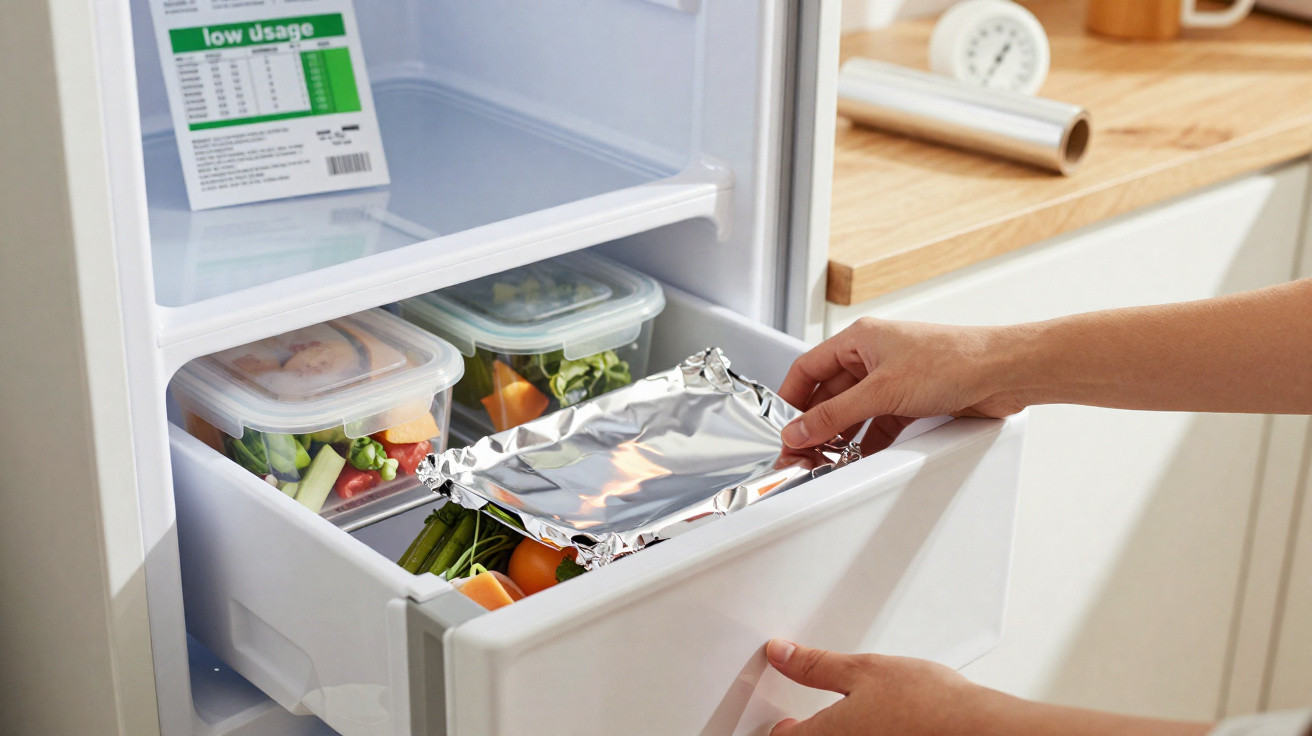 Hands placing a foil-covered tray inside a fridge drawer containing containers of fresh vegetables.