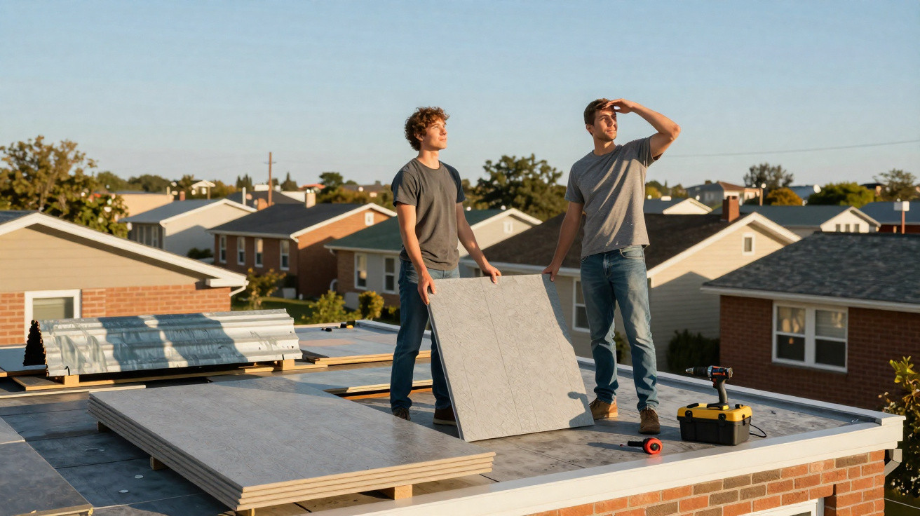 Two men in casual clothes working on roofing a house with building materials under a clear sky.