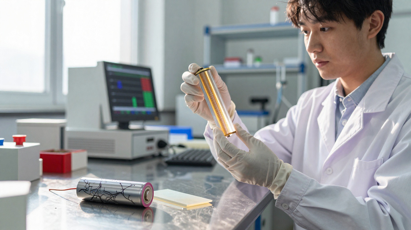 Scientist in lab coat and gloves examining a cylindrical battery cell with lab equipment and computer in the background.
