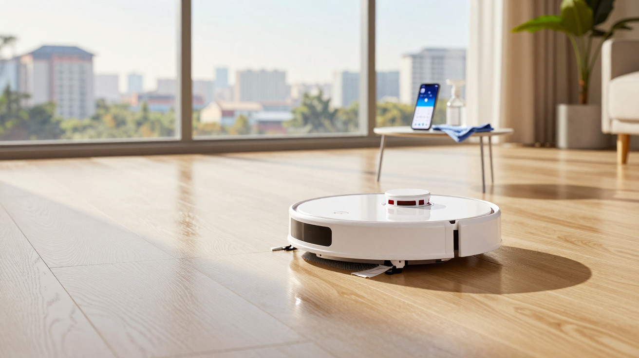 White robotic vacuum cleaner cleaning wooden floor in bright living room with smartphone on table in background.