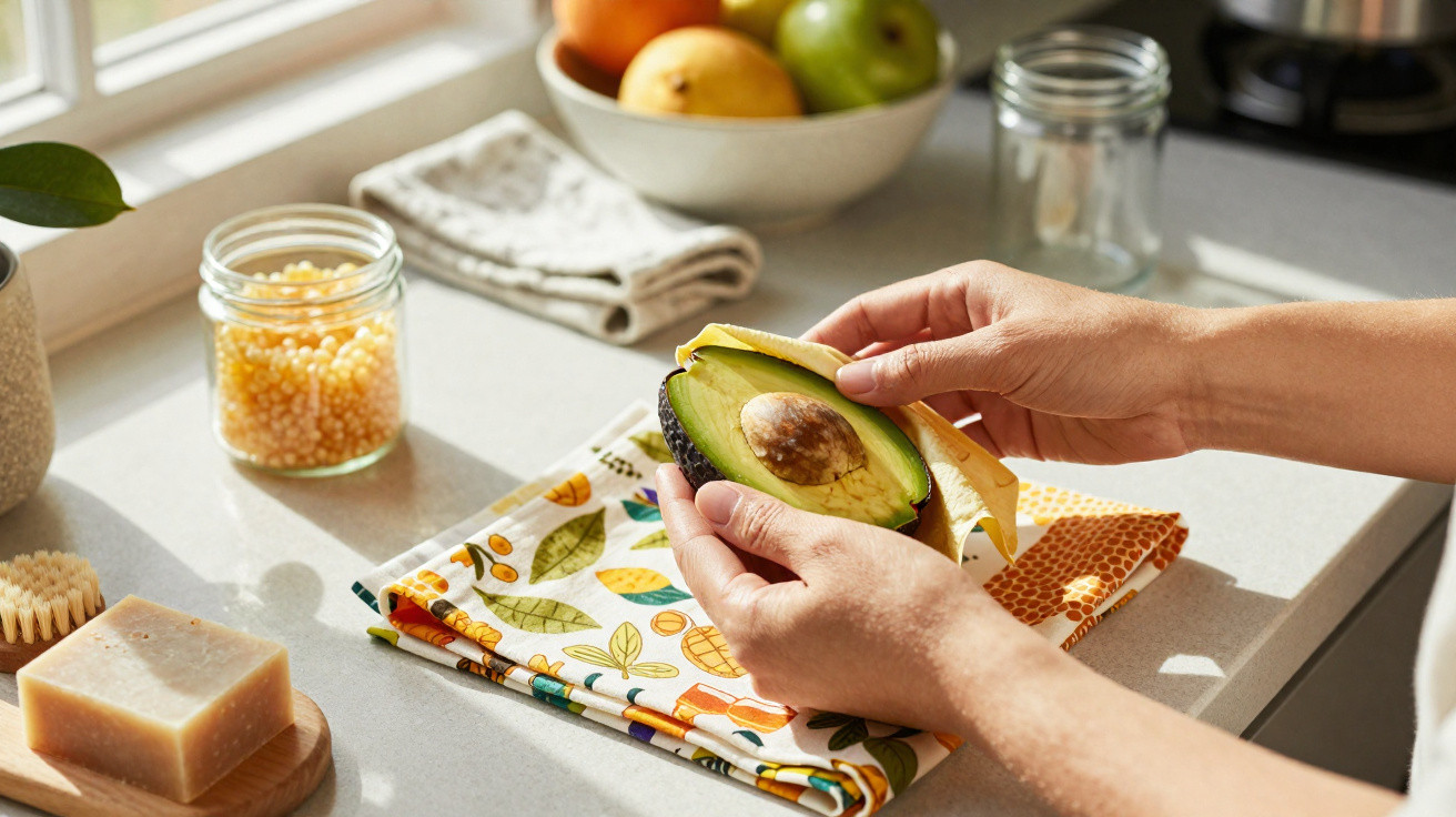Hands peeling an avocado over colourful patterned cloths on a kitchen countertop near a fruit bowl.