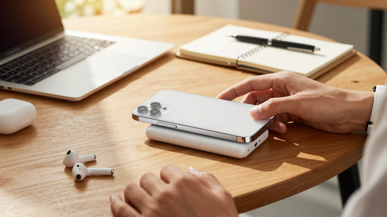 Person placing a white smartphone on a wireless charger on a wooden desk with laptop, notebook, and wireless earbuds.