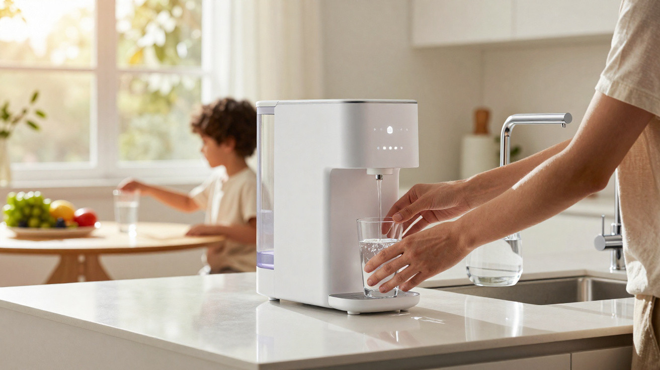 Person filling a glass with water from a white water dispenser in a bright modern kitchen.