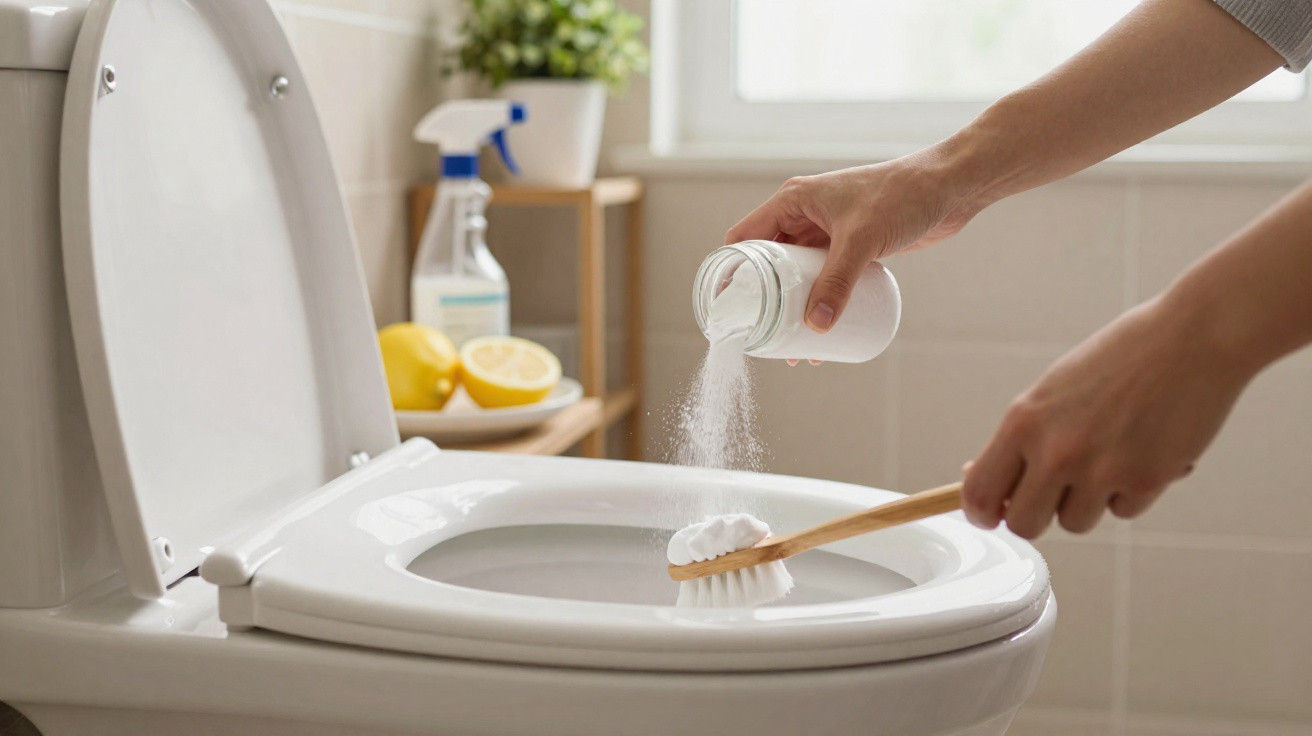 Person sprinkling cleaning powder onto a brush while cleaning a white toilet bowl in a bathroom.