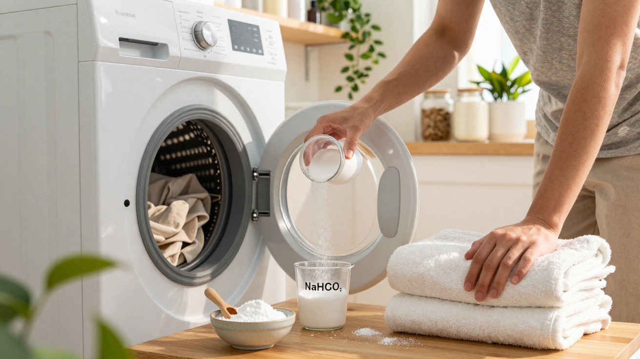Person adding baking soda to a washing machine with folded towels on a wooden table nearby.