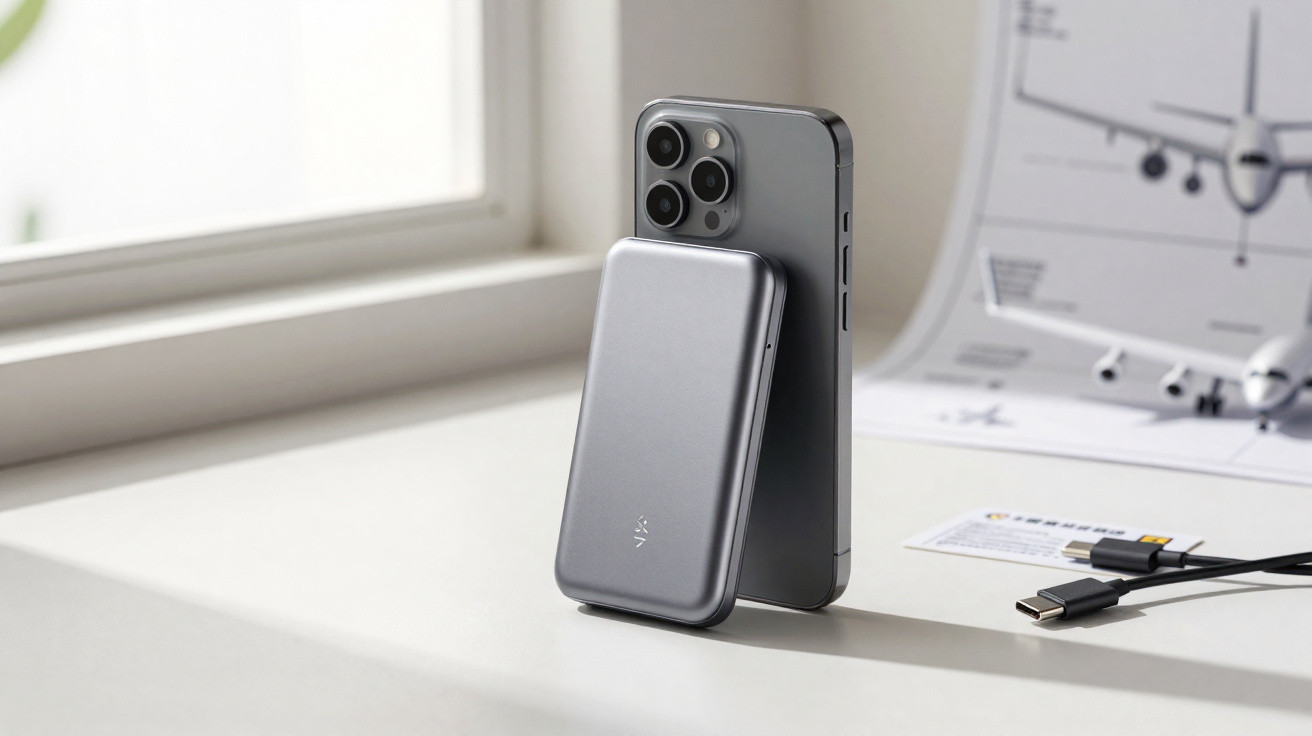 Grey smartphone with triple rear cameras and a matching wireless power bank on a white surface near a window.
