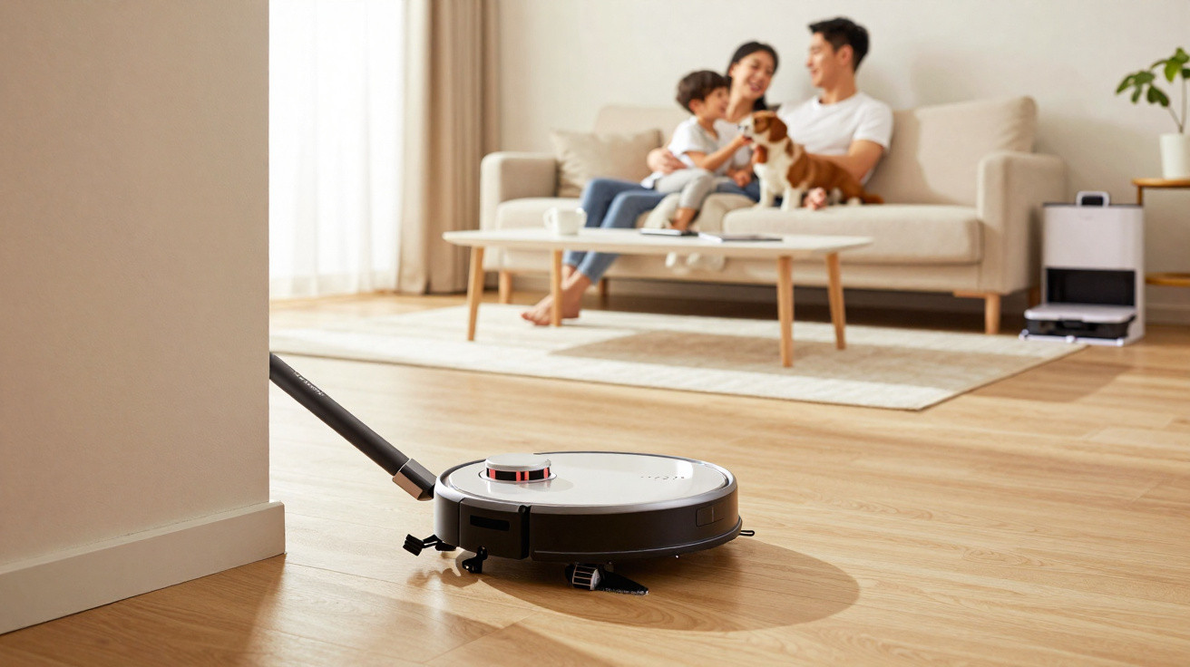 Robot vacuum cleaning a wooden floor with a family sitting on a sofa playing with a dog in the background.