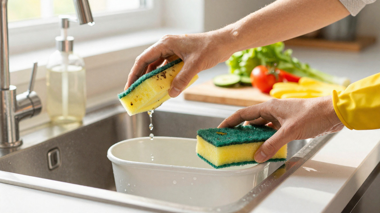 Person holding two yellow and green dish sponges over a kitchen sink with a cutting board of vegetables nearby.