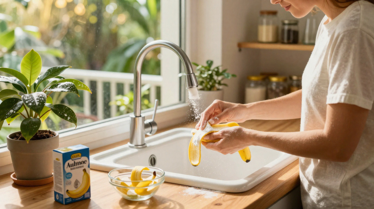 Person washing a peeled banana under running water in a bright kitchen with potted plant and banana box nearby.