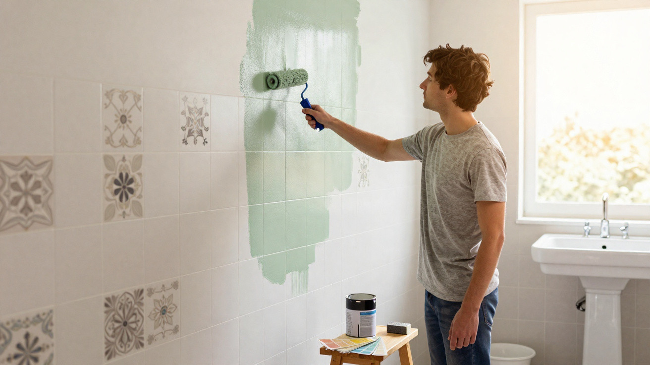 Young man painting tiled bathroom wall green with roller on sunny day