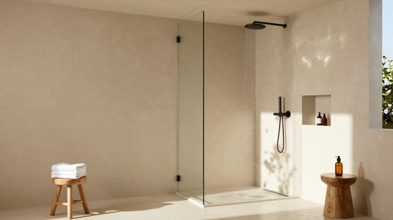 Minimalist bathroom with walk-in shower, rain showerhead, wooden stools, and folded towels in natural light.