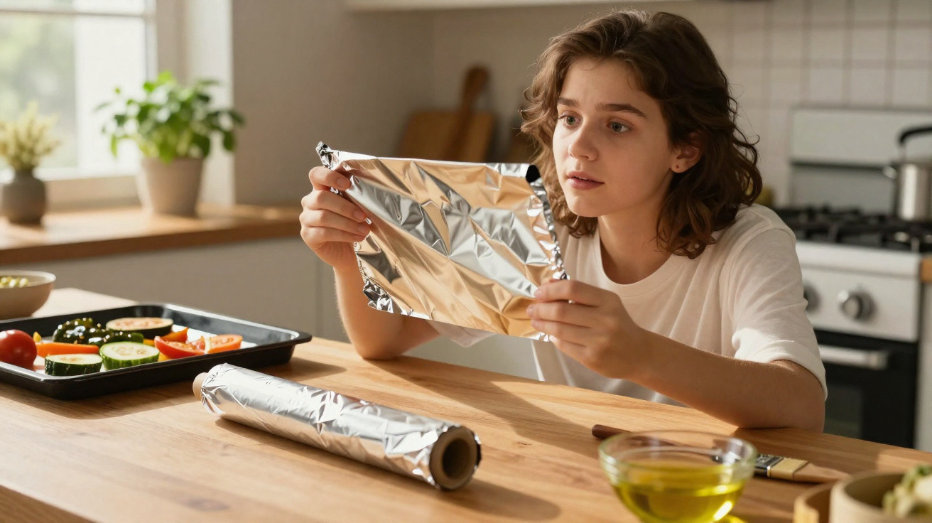 Young person holding a sheet of aluminium foil in a kitchen with fresh vegetables and olive oil nearby.