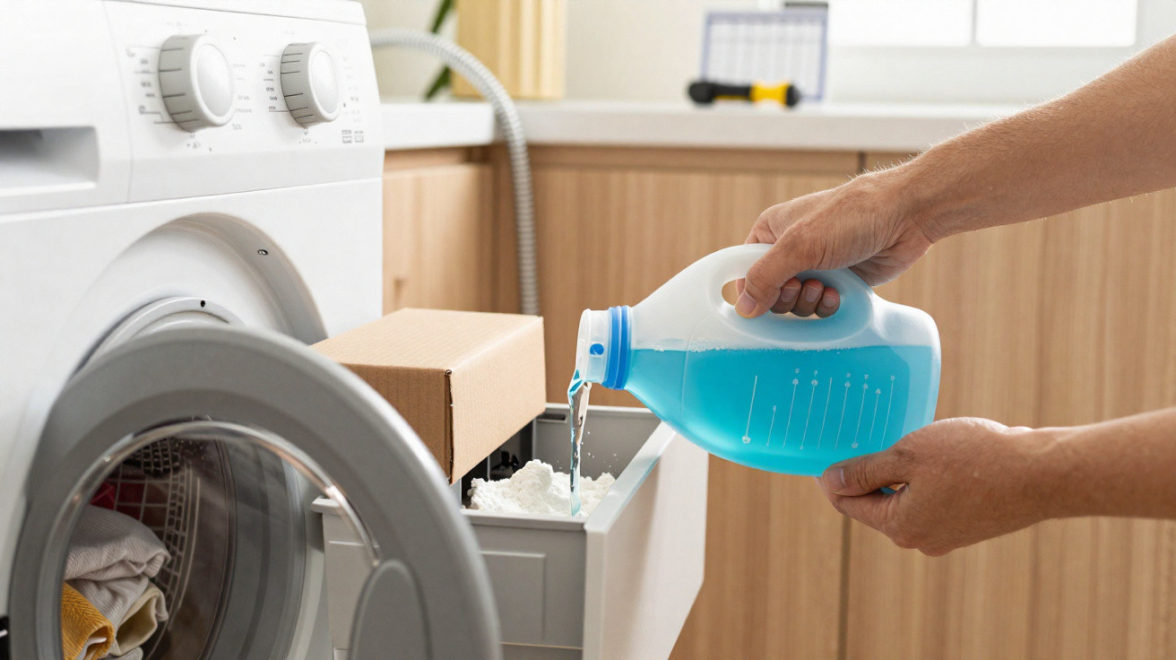 Person pouring blue liquid detergent into washing machine dispenser drawer in laundry room.