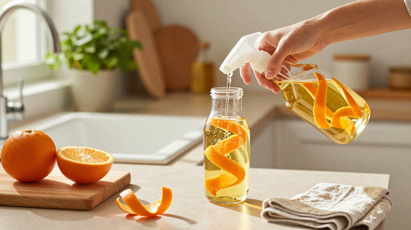 Hand pouring orange-infused water from a spray bottle into a glass bottle on a kitchen counter with oranges nearby.