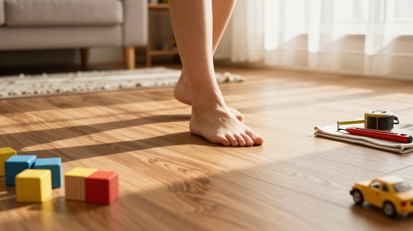 Bare feet standing on wooden floor near children's building blocks and toy car in sunlit room