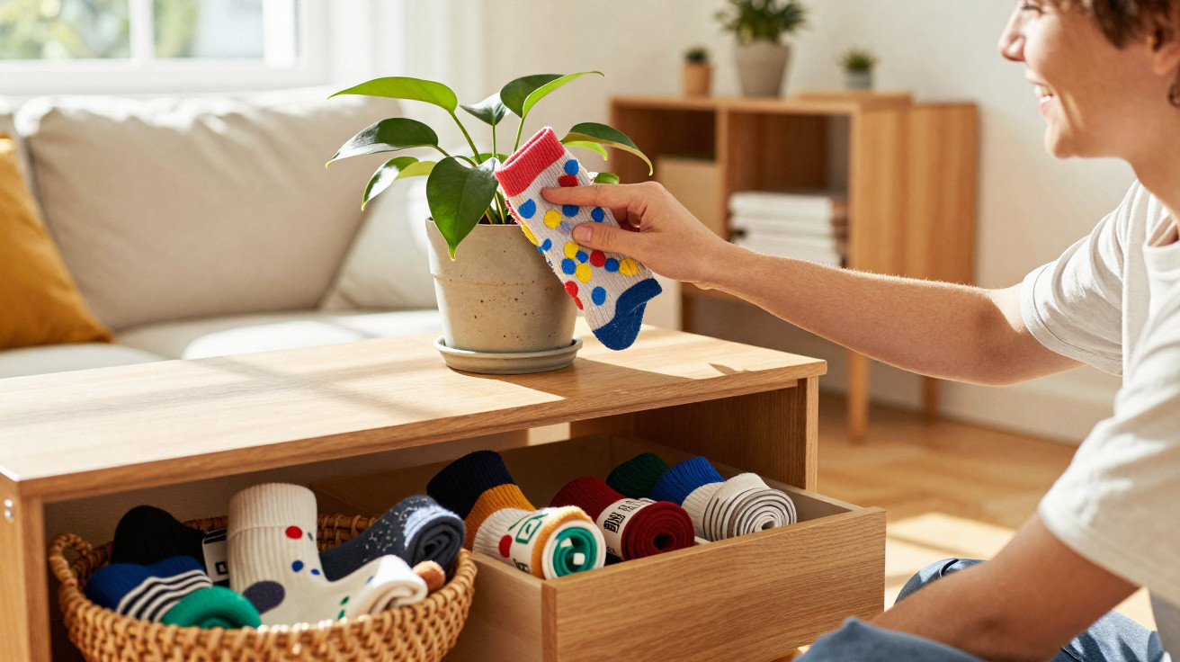 Person organising colourful polka dot socks from a drawer in a bright living room with a plant on the table.