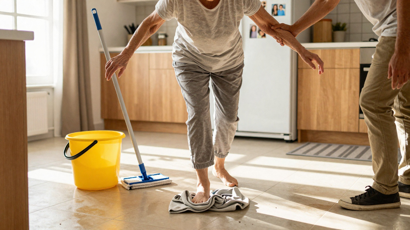 Elderly person slipping on a wet floor while mopping, being supported by another individual in a kitchen.