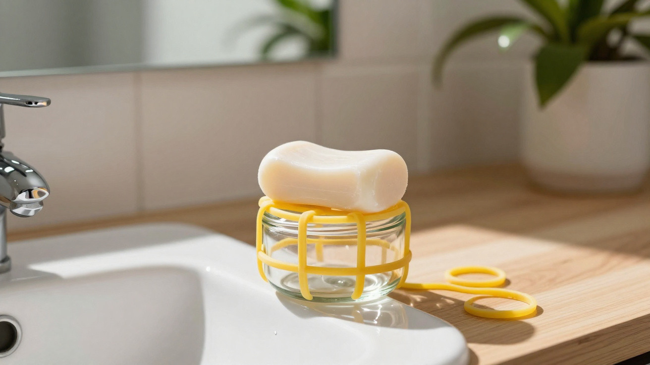 White soap bar resting on a glass soap dish with yellow holder beside a white sink and wooden countertop