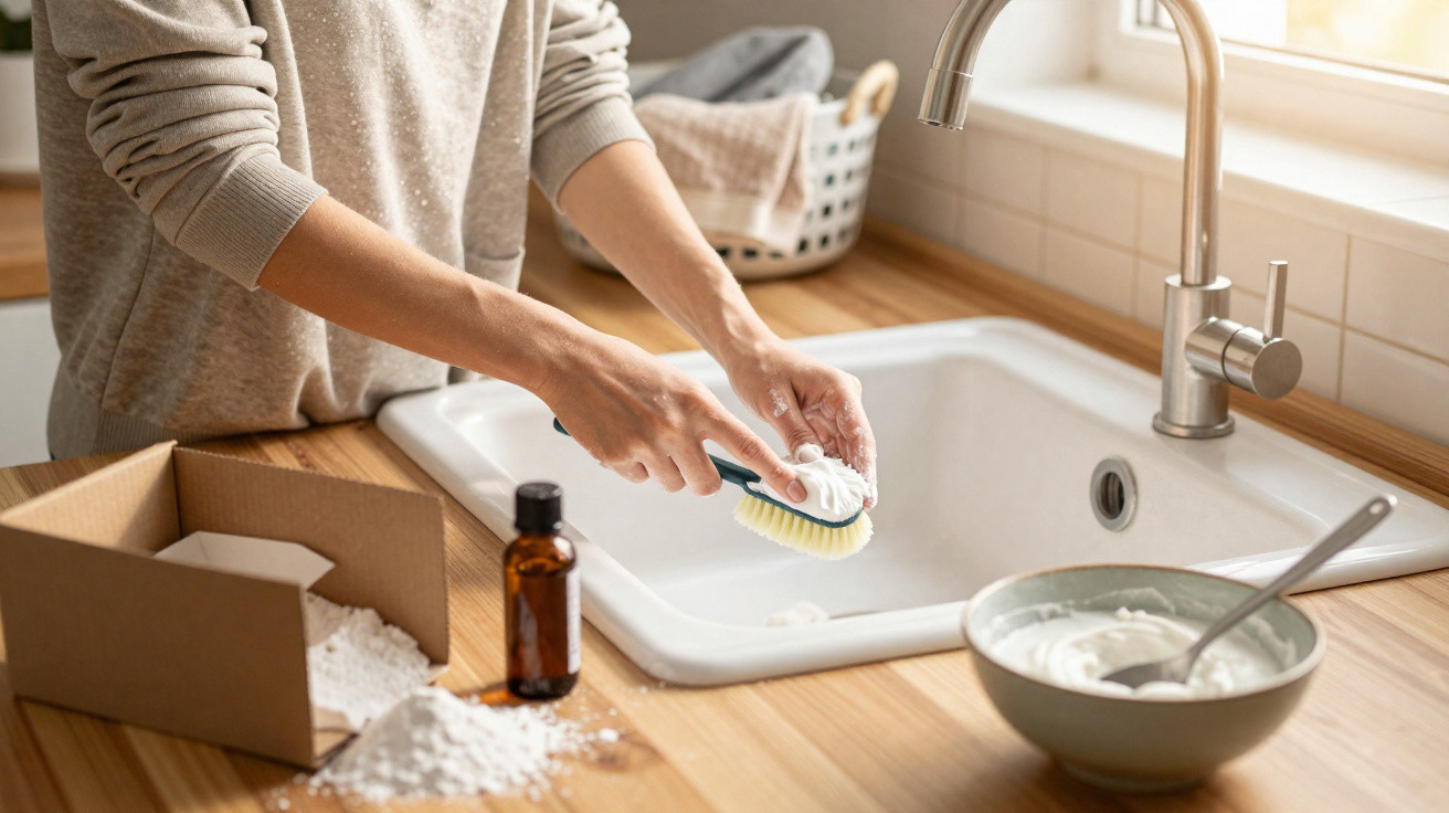 Person scrubbing a kitchen scrub brush with soap and water over a white sink in a wooden countertop kitchen.