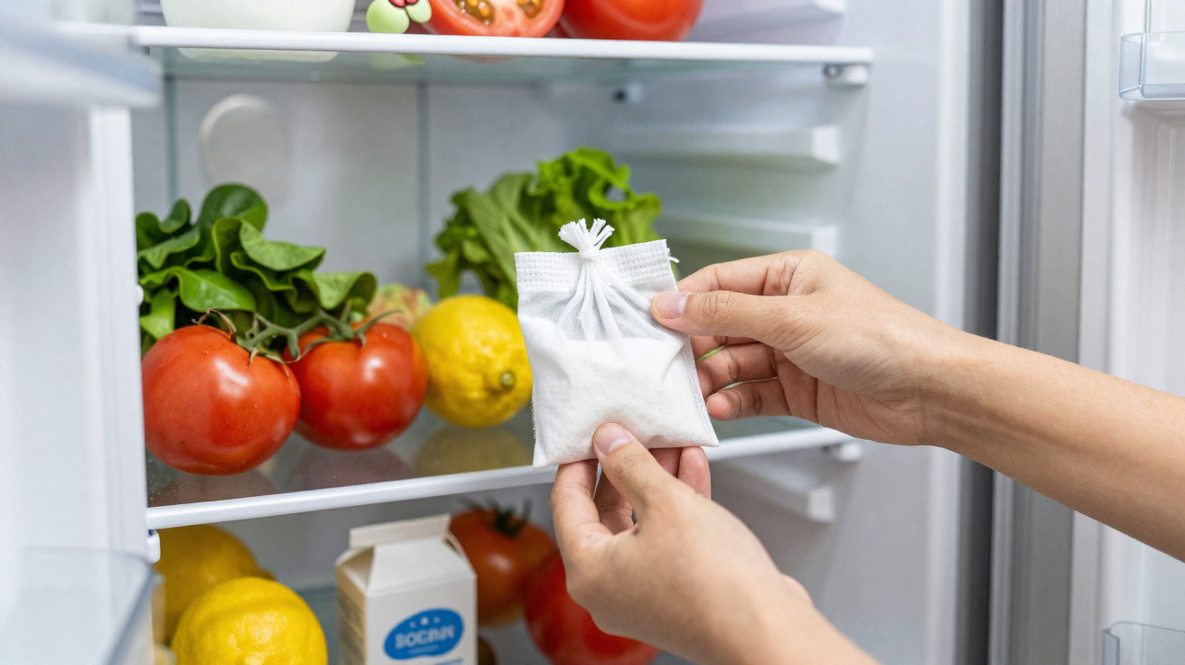 Hands holding a small white sachet inside a fridge with tomatoes, lemons, lettuce, and a milk carton.