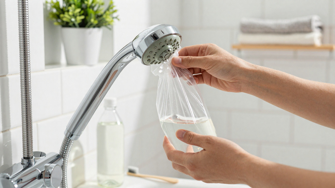 Hands filling a clear plastic bag with water from a silver showerhead in a bright bathroom.