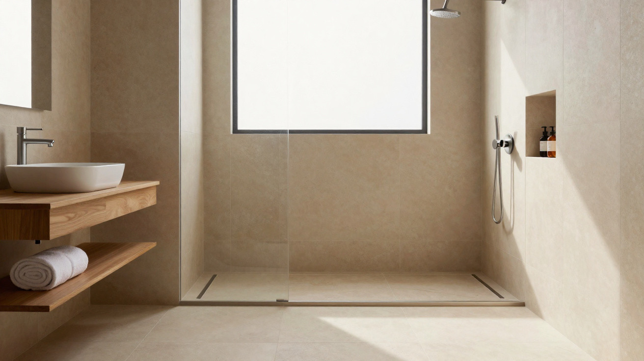 Minimalist bathroom with walk-in shower, large frosted window, wooden vanity, and beige tiles.