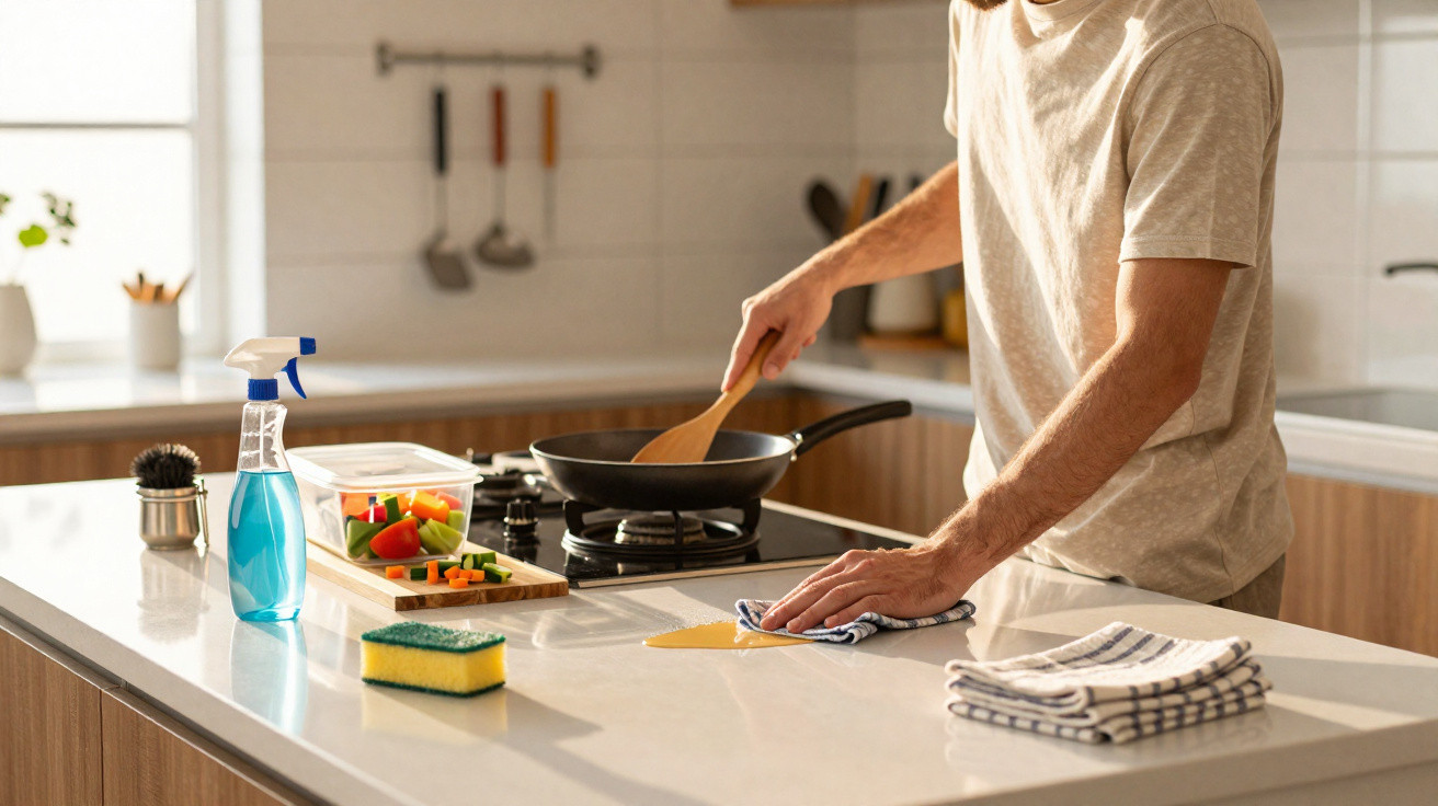 Person cooking on stove while cleaning kitchen countertop with cloth in modern kitchen.