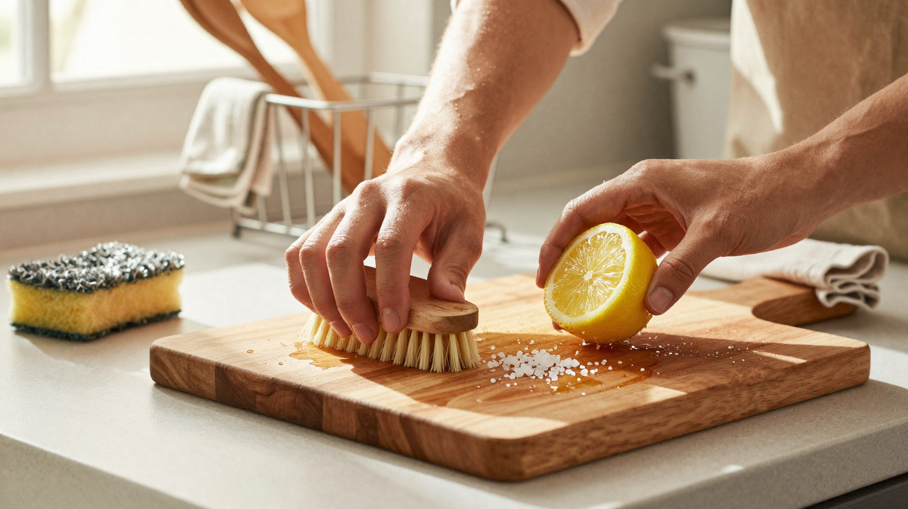 Hands scrubbing a wooden cutting board with a brush, lemon half, and coarse salt on a kitchen counter.