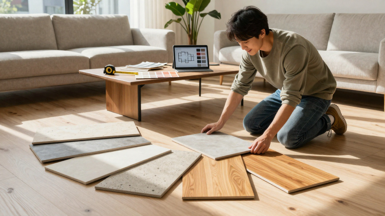 Person kneeling on floor selecting tile samples arranged in a semicircle in a bright living room.