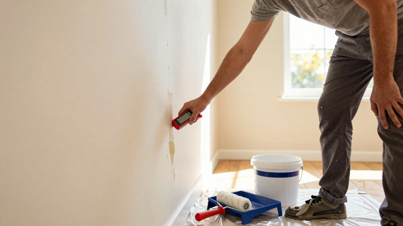 Person inspecting damage on a wall with a digital moisture meter in a sunlit room with painting supplies nearby.