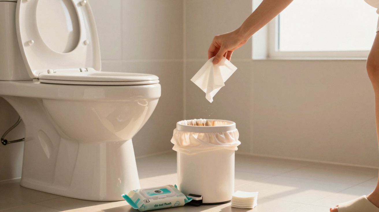Person discarding tissue into a small white bin next to a toilet in a sunlit bathroom.