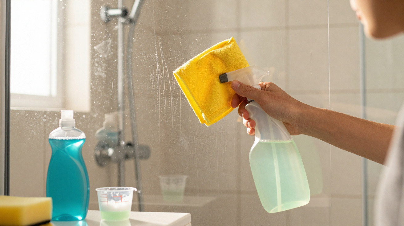 Person cleaning a glass shower door with a spray bottle and yellow cloth in a bathroom.