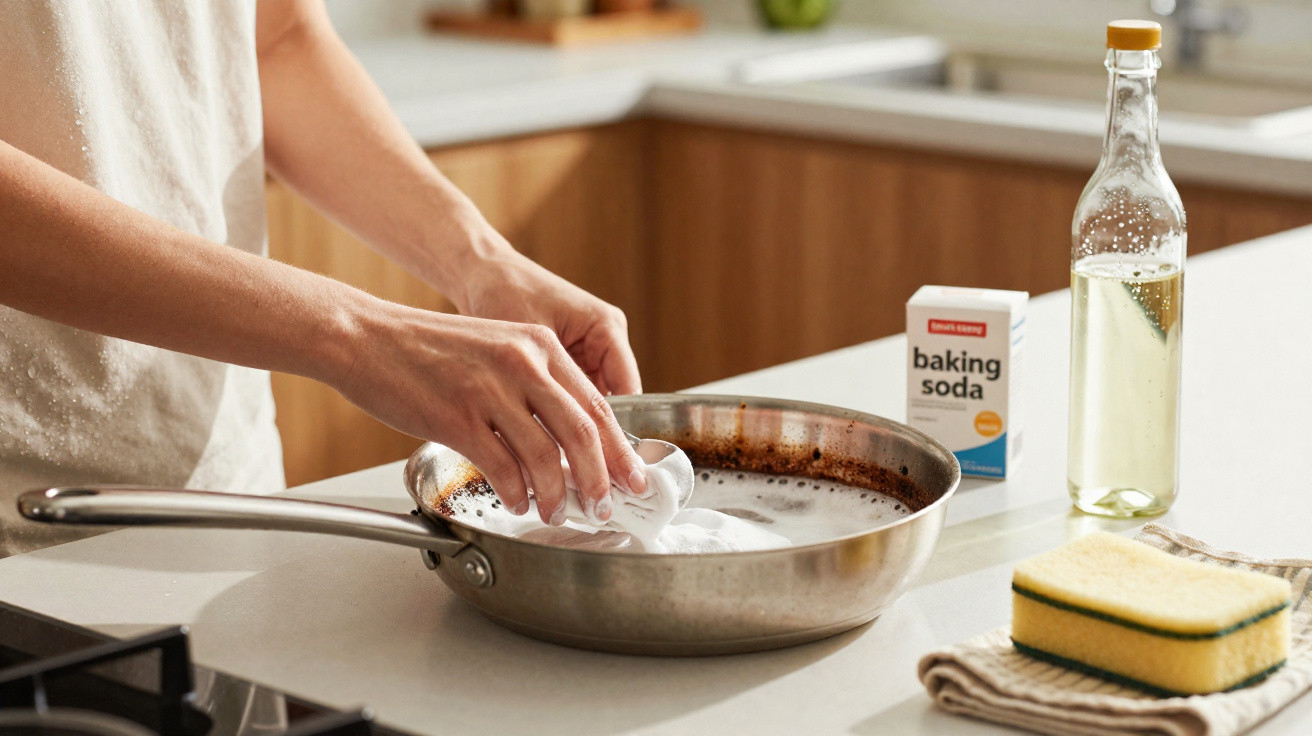 Person scrubbing a burnt frying pan with baking soda, a sponge, and vinegar on the kitchen counter.