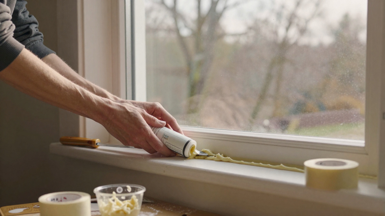 Hands applying white caulking sealant along a window sill inside a room.