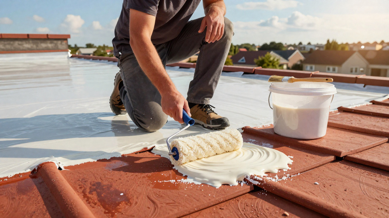 Person using paint roller to apply white sealant on red tiled roof under clear sky.