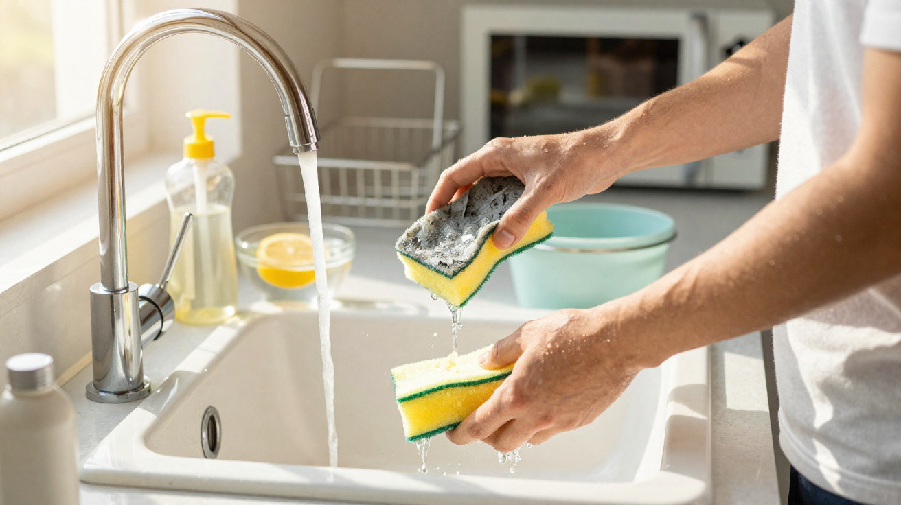 Person rinsing two yellow and green kitchen sponges under running tap water in a bright kitchen sink.
