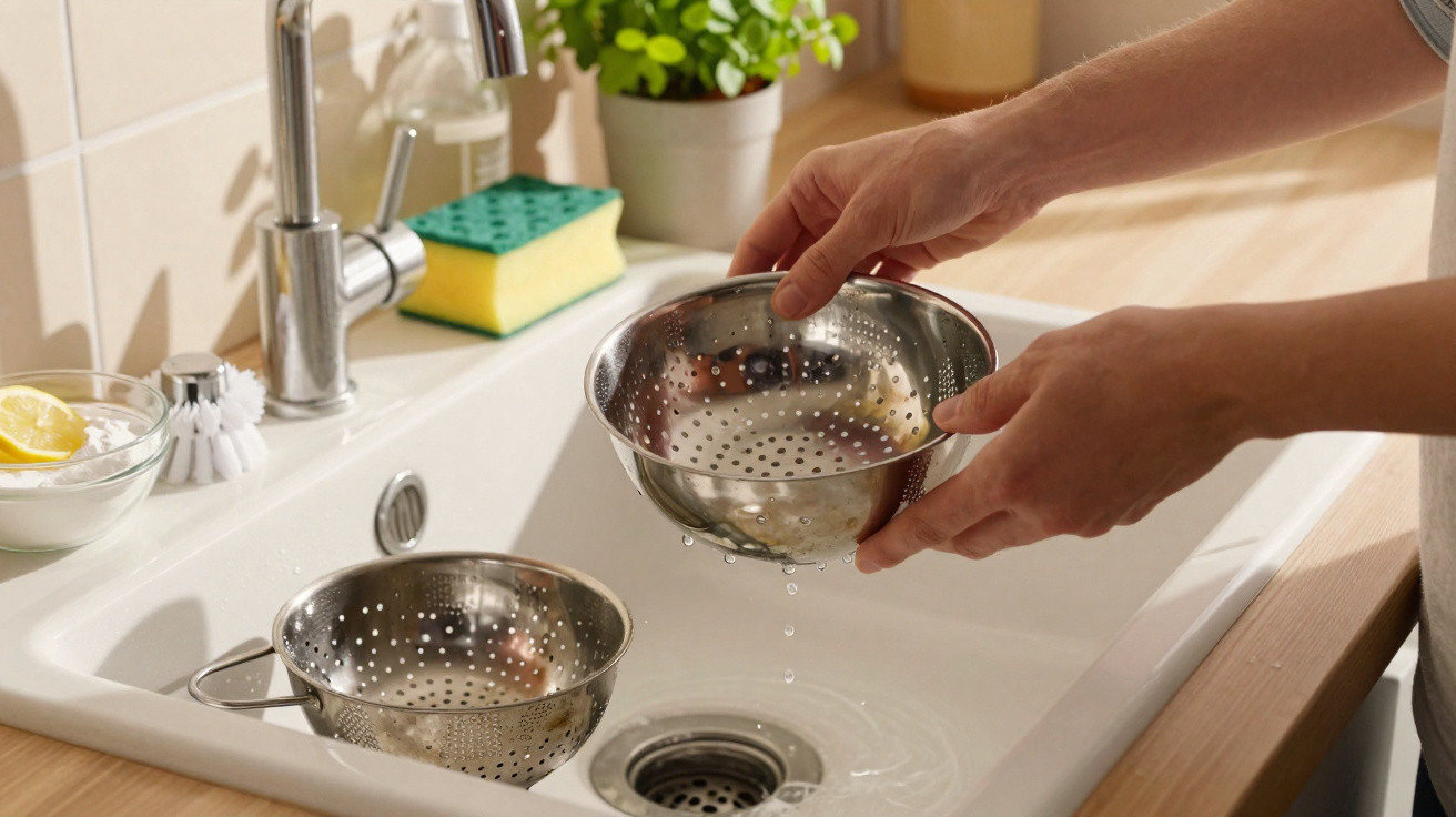 Hands holding a stainless steel colander with water dripping over a white kitchen sink.