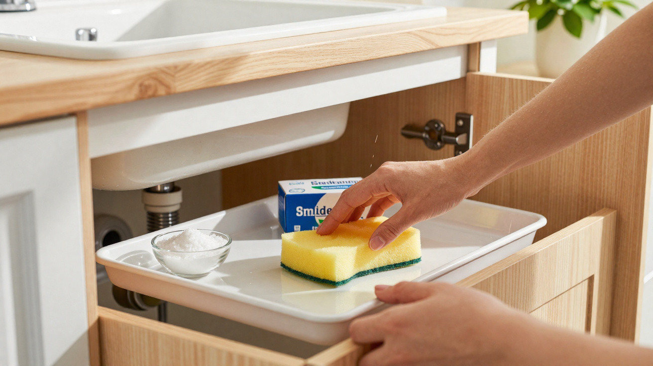 Hands reaching into a kitchen cabinet drawer holding a yellow sponge with cleaning powder and detergent nearby.