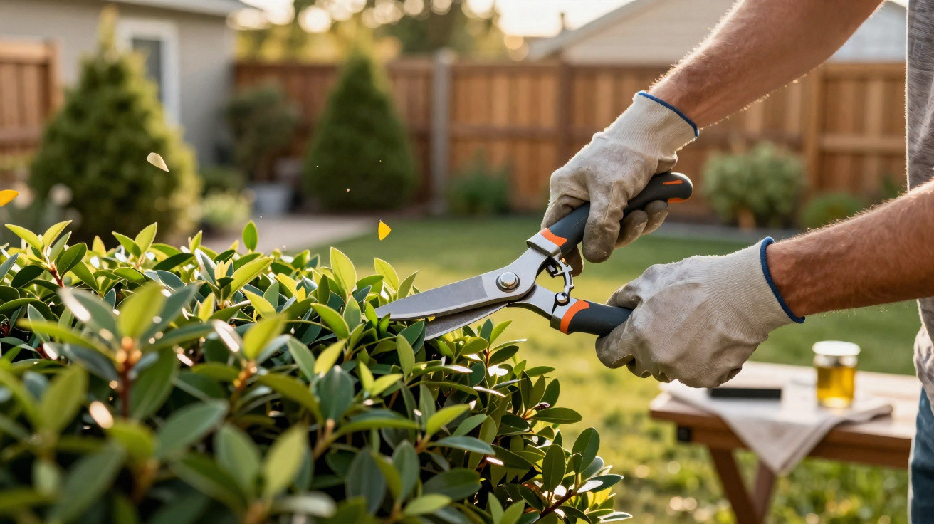Person wearing gloves trimming green hedge with garden shears in a sunny backyard garden.