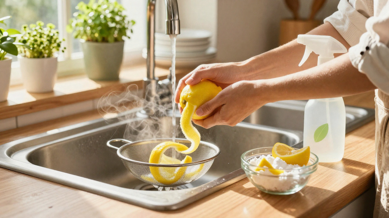 Person peeling lemon over a steaming colander in a sunlit kitchen sink with plants on the windowsill.