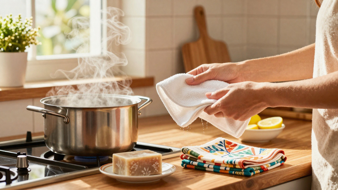 Hands drying a wet cloth beside a steaming pot on a gas stove in a bright kitchen.
